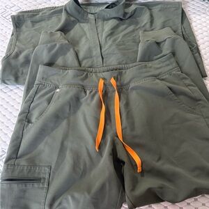 Green Scrub Set with Orange Drawstrings